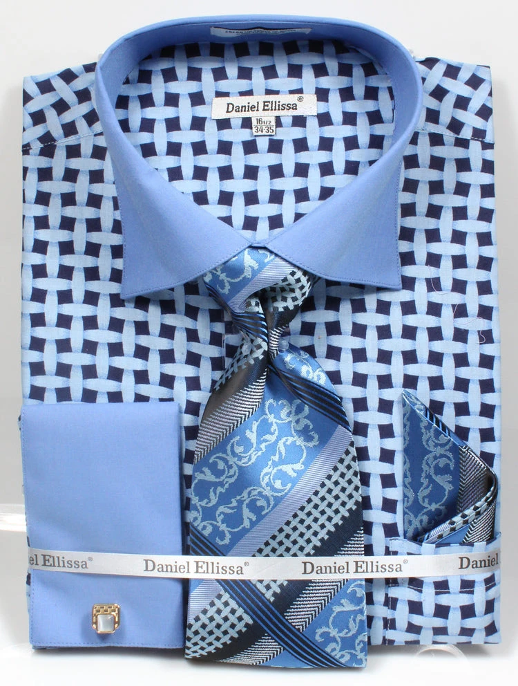 French Cuff Checker Pattern Cotton Shirt In Blue With Tie, Cuff Links And Handkerchief