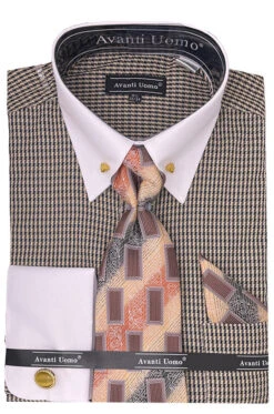 Beige Houndstooth Dress Shirt Set With Cuff