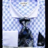 French Cuff Printed Two Tone Shirts In Blue With Tie, Cuff Links And Handkerchief