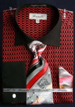 French Cuff Printed Tone On Tone Shirt In Black/Red With Tie, Cuff Links, And Handkerchief