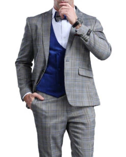 Blue Slim Fit Tuxedo 4 Piece Glen Plaid With Bow Tie