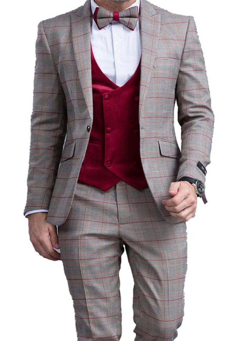 Burgundy Slim Fit Tuxedo 4 Piece Glen Plaid With Bow Tie