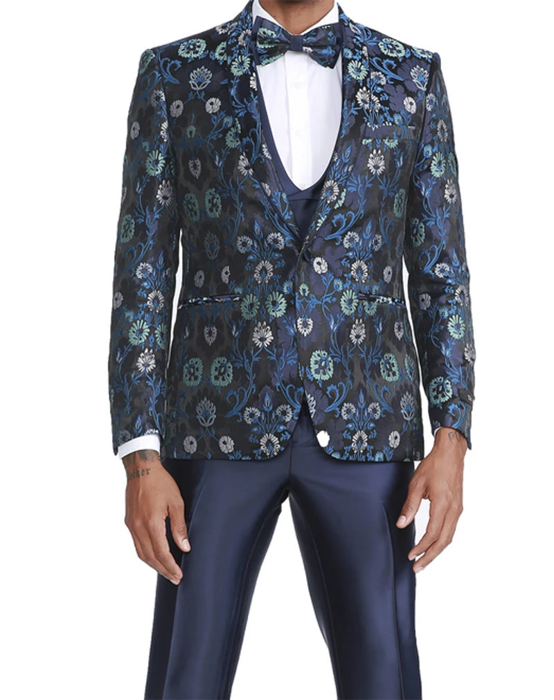 Navy Slim Fit Tuxedo 4 Piece Floral Pattern With Bow Tie