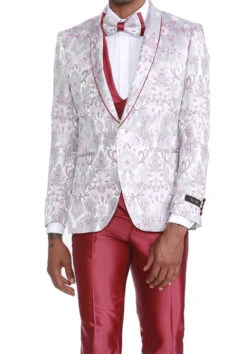 Pink Slim Fit Tuxedo 4 Piece Floral Pattern With Bow Tie