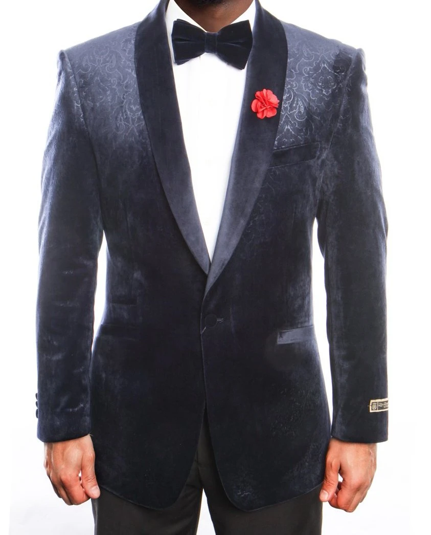 Empire Collection - Velvet Regular Fit Vintage Floral Blazer In Navy