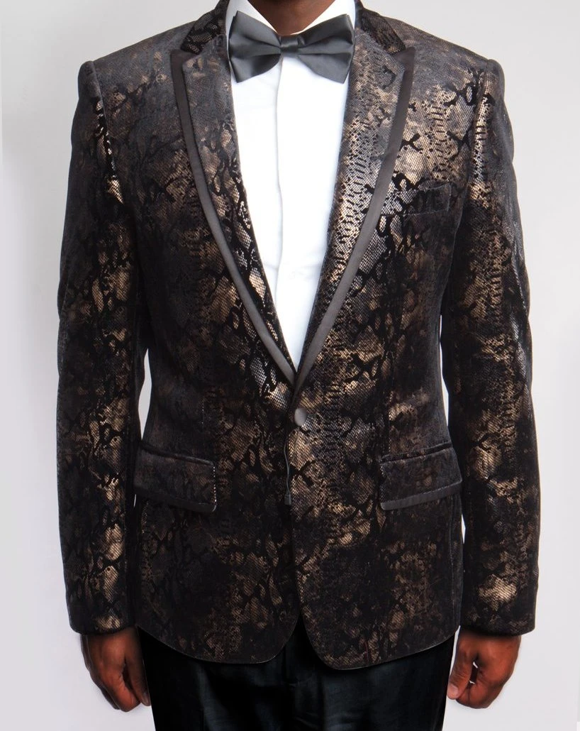 Empire Collection - Regular Fit Black And Gold With Fancy Metallic Pattern Sports Coat