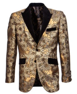 Empire Collection - Slim Fit Gold Floral Pattern Blazer