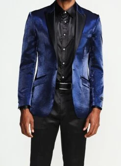 (2XL) Slim Fit Shine Blazer 1 Button With Satin Peak Lapel In Navy