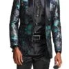 Slim Fit Floral Pattern Blazer Satin Shawl Collar With Bow Tie In Turquoise