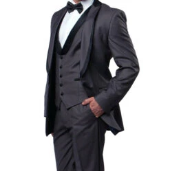 (42L) Gray Slim Fit Tuxedo 3 Piece With Satin Shawl Collar Vest