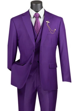 Purple Modern Fit 3 Piece Suit With Vest And Elastic Waist Band Pants