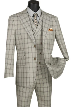 Tuscany Collection - Modern Fit Windowpane Suit 3 Piece In Putty