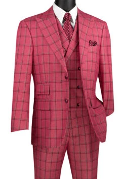 Tuscany Collection - Modern Fit Windowpane Suit 3 Piece In Raspberry
