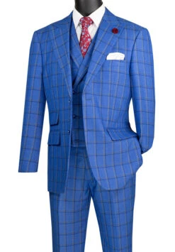 Tuscany Collection - Modern Fit Windowpane Suit 3 Piece In Royal Blue