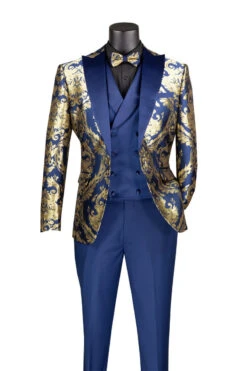 Navy Gold Modern Fit 3 Piece Suit With Matching Bow Tie