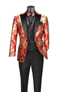 Red Gold Modern Fit 3 Piece Suit With Matching Bow Tie