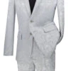 Silver Tone On Tone Paisley Pattern Slim Fit Men's 2 Piece Suit 2 Button