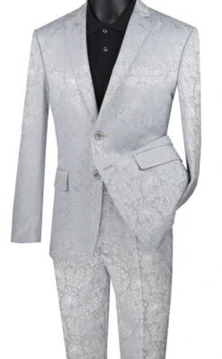 Silver Tone On Tone Paisley Pattern Slim Fit Men's 2 Piece Suit 2 Button
