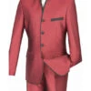 Oriental Collection - Banded Collar Slim Fit Suit Shiny Sharkskin 2 Piece Wine