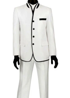 Oriental Collection - Banded Collar Slim Fit Suit Shiny Sharkskin 2 Piece White