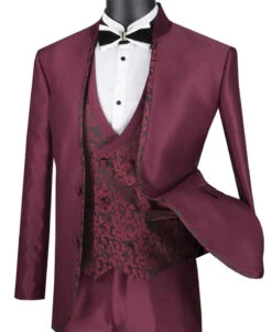 Bourbon Collection - Slim Fit 3 Piece Banded Collar Shiny Sharkskin Suit In Burgundy