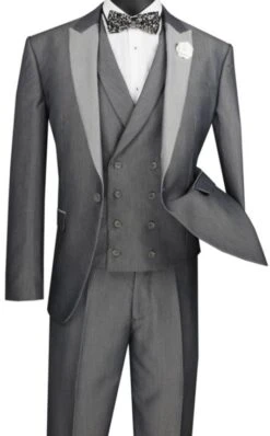 Silver Slim Fit 3 Piece Suit 1 Button With Double Breasted Vest