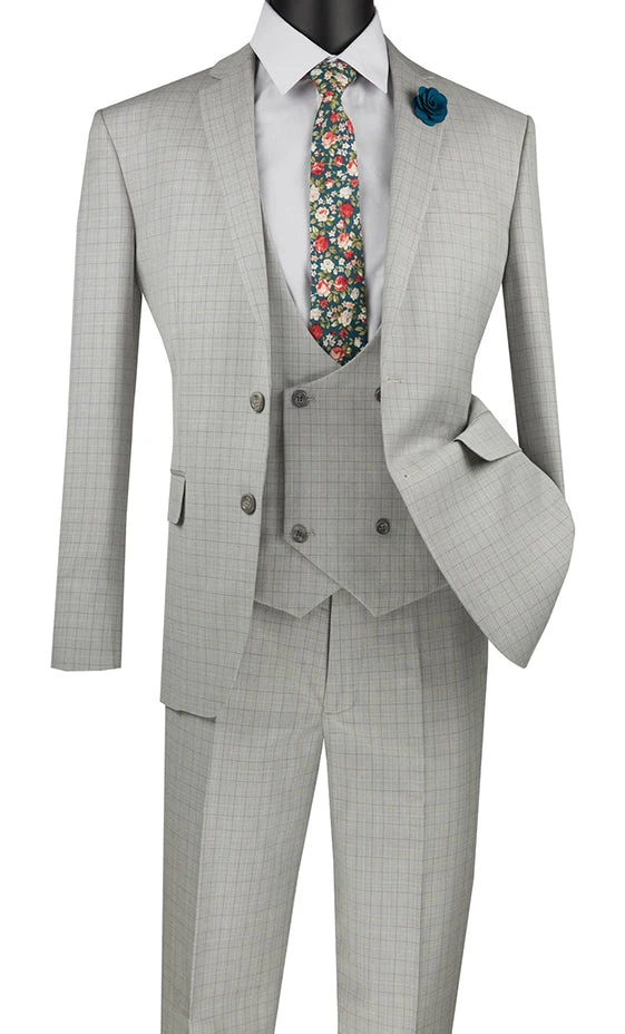 Slim Fit Suit 3 Piece With Double Breasted Vest Glen Plaid In Ice