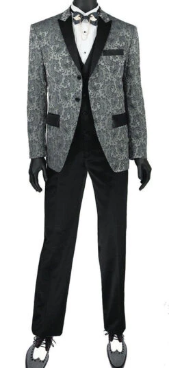 Slim Fit 3 Piece Tuxedo With Jacquard Pattern In Gray