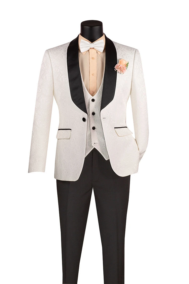 Slim Fit Tuxedo 3 Piece With Jacquard Pattern In White