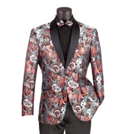 Burgundy Modern Fit Paisley Pattern Jacquard Fabric Jacket With Bow Tie