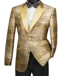 Gold Slim Fit Jacket Peak Lapel With Metallic Pattern