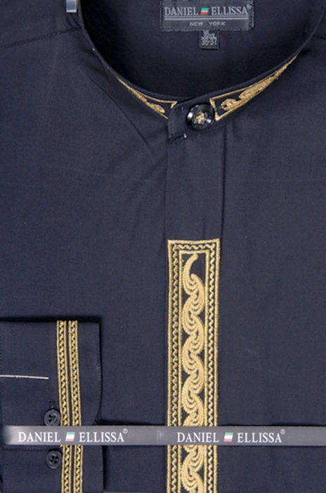 Basic Banded Collar Dress Shirt Wave Print In Black/Gold