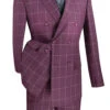 Naples Collection - Wine Modern Fit Double Breasted Windowpane Peak Lapel 2 Piece Suit