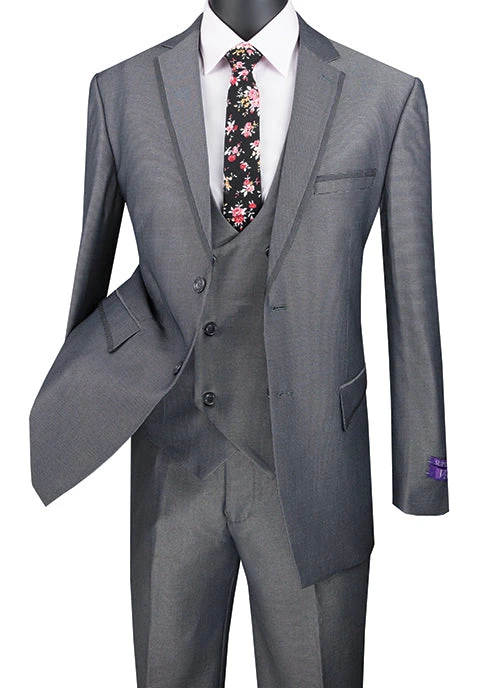 Birdseye Pattern Modern Fit 3 Piece Charcoal Suit With Contrast Trim - Image 3