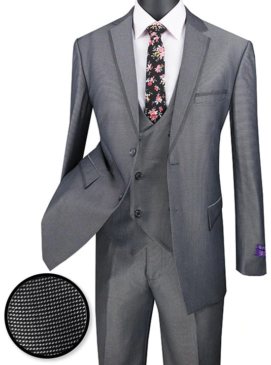 Birdseye Pattern Modern Fit 3 Piece Charcoal Suit With Contrast Trim