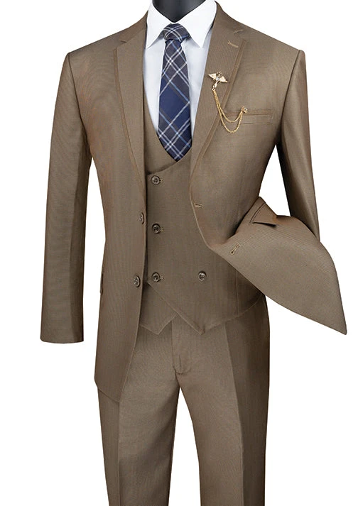 Birdseye Pattern Modern Fit 3 Piece Khaki Suit With Contrast Trim - Image 4