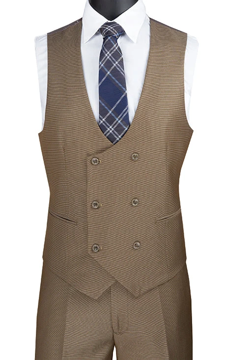 Birdseye Pattern Modern Fit 3 Piece Khaki Suit With Contrast Trim - Image 2