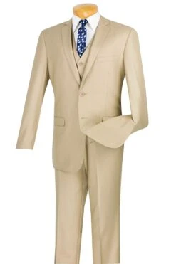 Slim Fit Men's Suit 3 Piece 2 Button In Beige