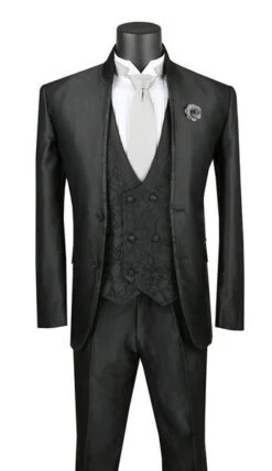 Bourbon Collection - Slim Fit 3 Piece Banded Collar Shiny Sharkskin Suit In Black