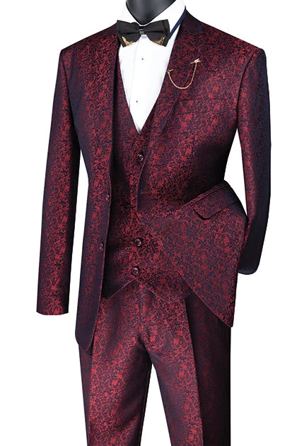 Slim Fit 3 Piece Suit Ruby Floral Pattern Matching Vest And Pants