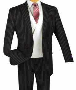 Helios Collection - Regular Fit 3 Piece Suit 2 Button Banker Stripe In Black